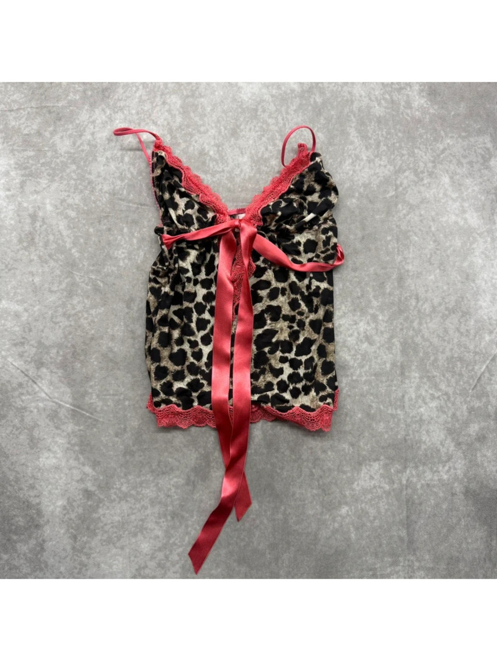 Vintage Jezebel Leopard Print Pink Lace Satin Ribbon Camisole Tank Top Small